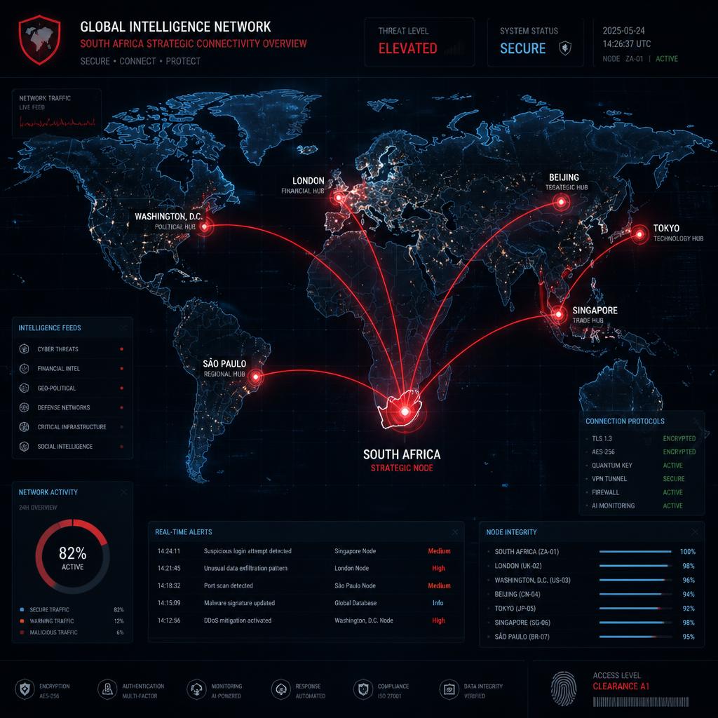 Digital world map showing data connections and international transit routes linked to South Africa