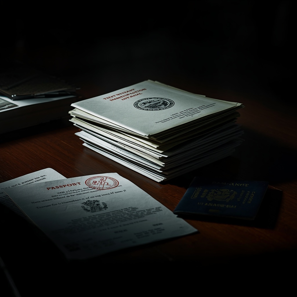 Investigative editorial photo of bureaucratic documents and passport stamps representing the Department of Home Affairs