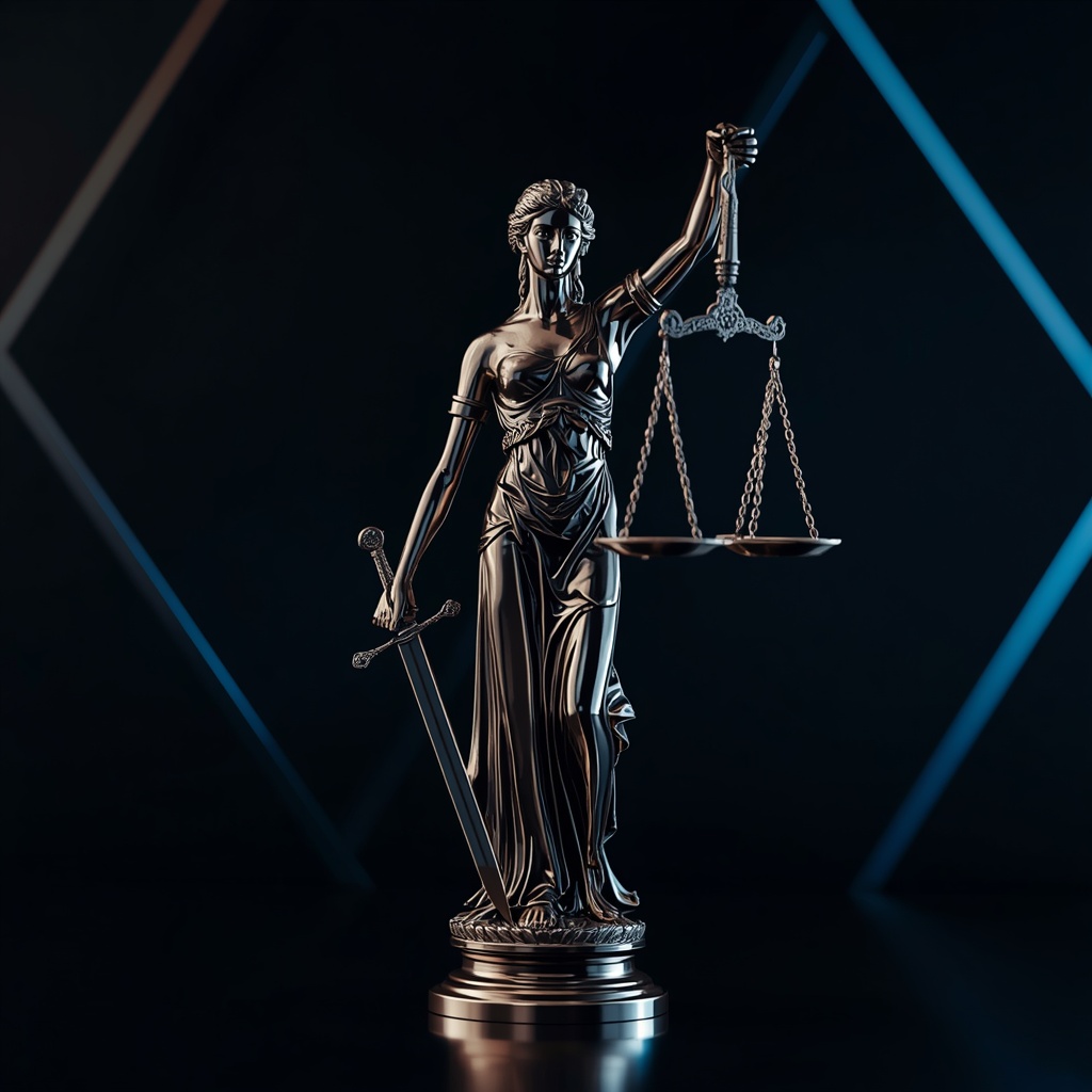 Conceptual representation of Lady Justice and cross-border legal considerations