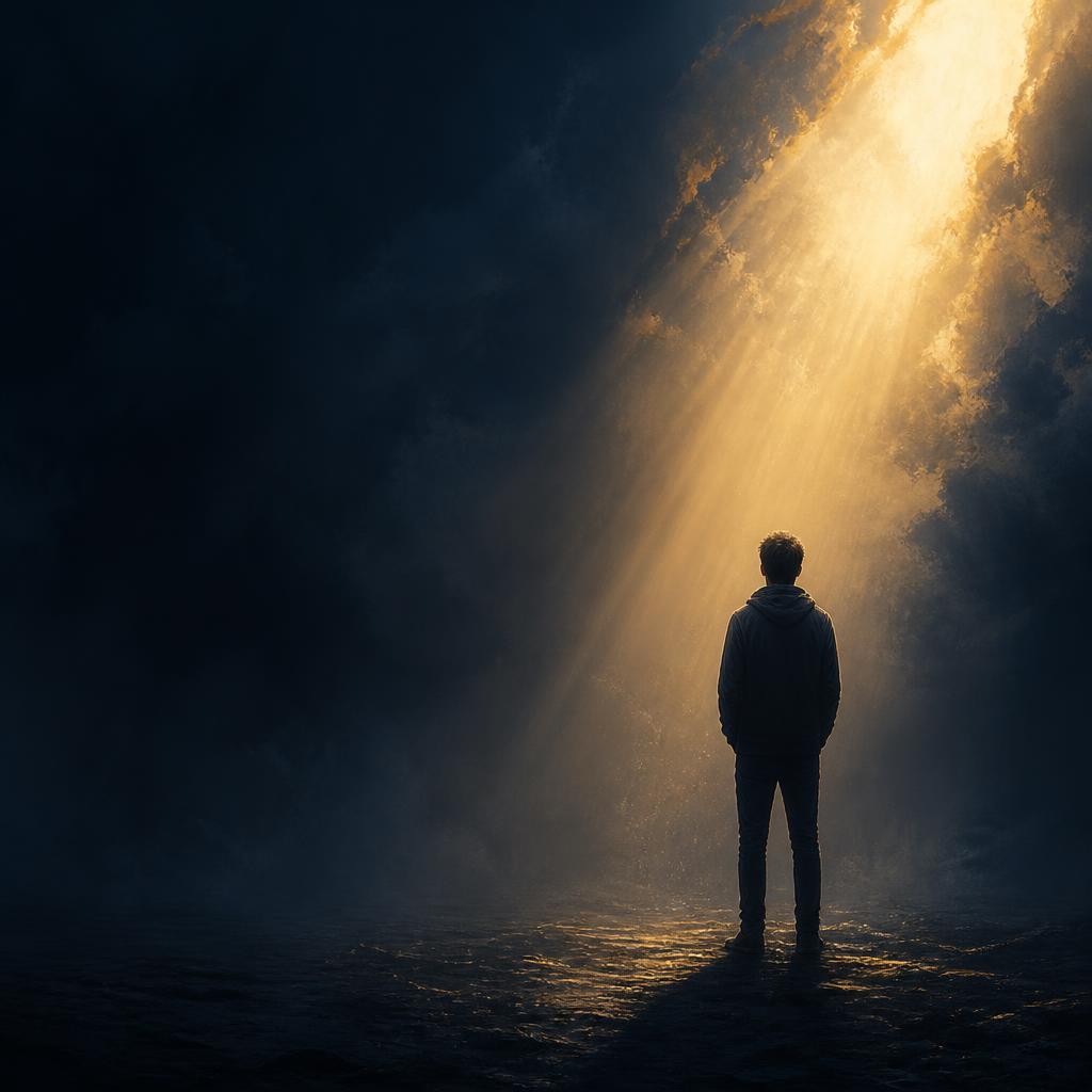 Cinematic editorial illustration showing a soft beam of clarity cutting through dark fog